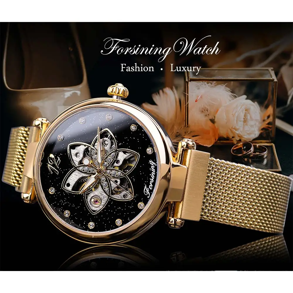 Forsining Mechanical Automatic Womens Watches Top Brand Luxury Diamond Creative Dial Gold Mesh Waterproof Fashion Ladies Watches