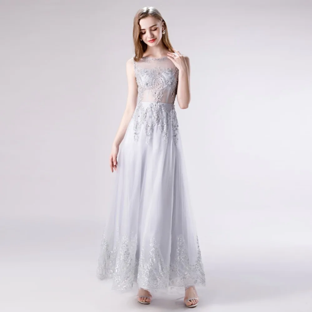 Vivian's Bridal сексуальный кроп Топ Иллюзия сетка платье для выпускного вечера Роскошные жемчужные кружевные орнаменты из бисера серебристого и серого цветов торжественное платье