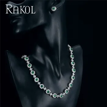 

RAKOL New Arrived Luxury Shiny 24 Austrian Crystals Blue Jewelry Set For Women Dinner Derss Camellia CZ Stone Earings Necklaces