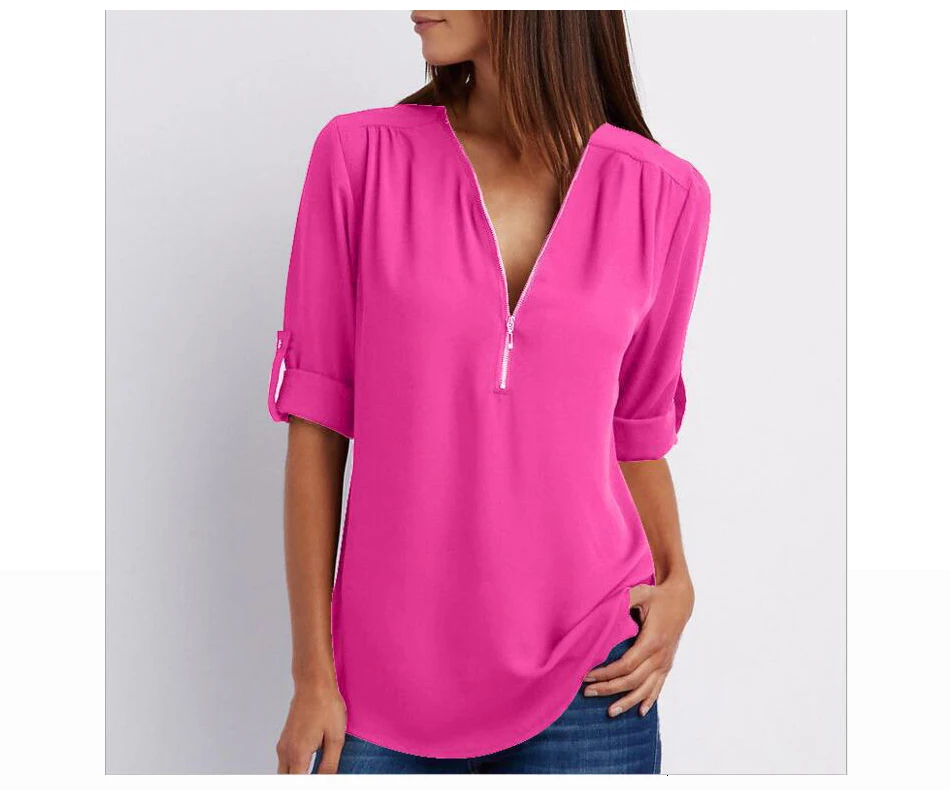 Женская сексуальная блузка Рубашки на молнии с v-образным вырезом Топы и Блузка Плюс Размер Женская одежда повседневные футболки размер d 5XL