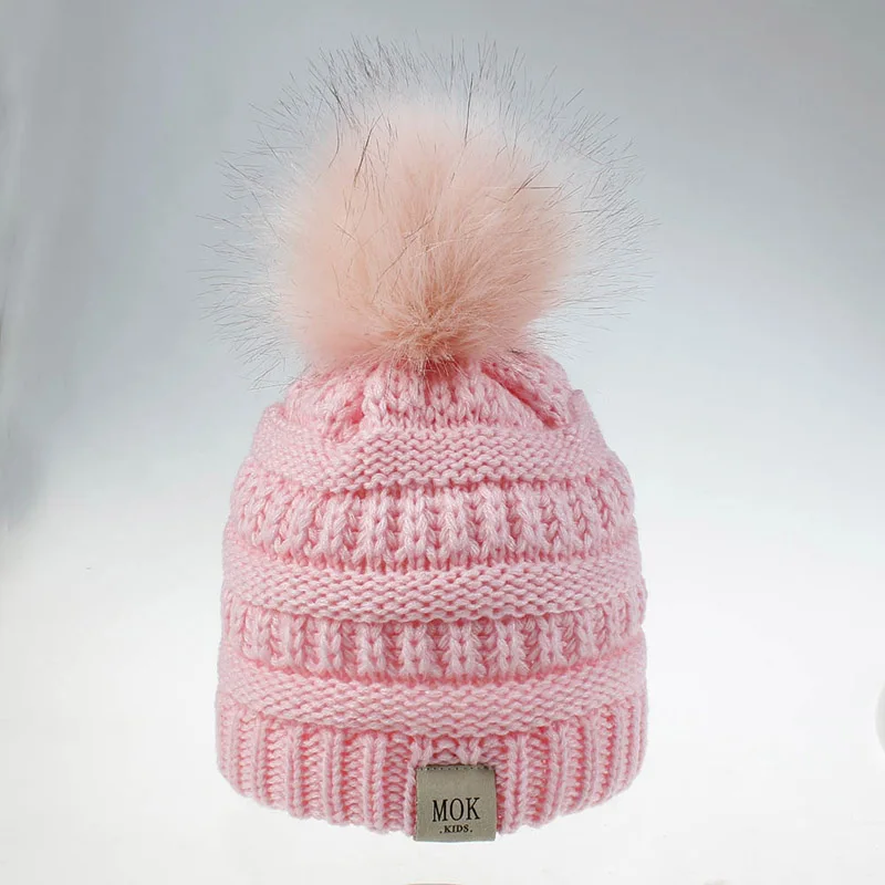 XCQGH/Детские вязаные шерстяные шапки для мальчиков и девочек; зимняя Милая шапка с большим меховым помпоном; Разноцветные детские шапки - Color: Pink