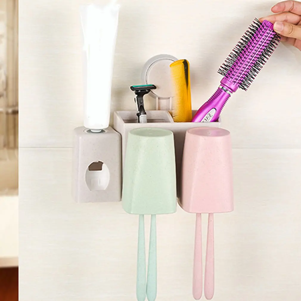 Wheat Straw Sucker Wall Mount Tooth Brush Holder Wash Suit with 2 Cups Toothpaste Squeezer Bathroom Organizer Accessories
