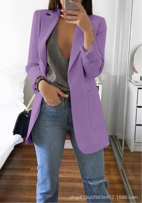 Fashion Slim Blazers Women Autumn New Suit Jacket Female Work Office Lady Suit Pocket Business Notched Blazer Coat Plus Size-85 - Цвет: Purple