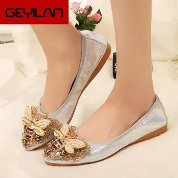

Women Flats Shoes Ballerina Loafers Wedding Crystal Lady Slip On Moccasins Pointed Toe Shallow Single Shoes Plus Size 43 44 45
