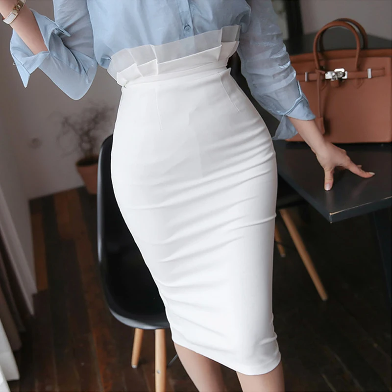 

Fashion Summer Women Sexy Knee Length Skirt Party Organza Patchwork Business Office Sheath Bodycon High Waist Skirt Solid Zipper