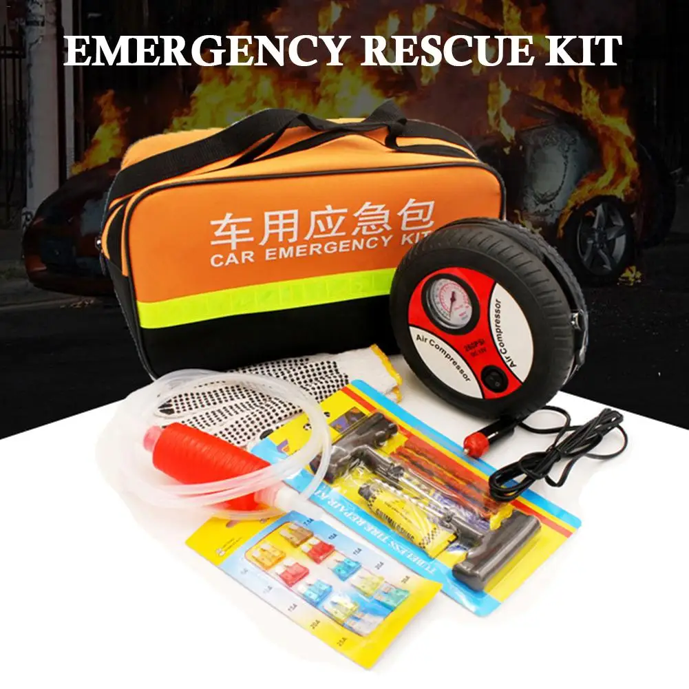 

Auto Tire Repair Kit Multifunctional Roadside Assistance With Air Compressor Tube Fuse Electrician Gloves