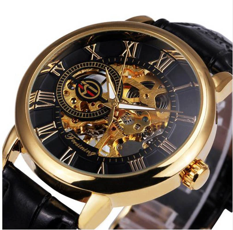 2021 Fashion 3D Logo Engraving Golden leather belt Men Mechanical Watch Forsining Transparent Case Top Brand Luxury Skeleton