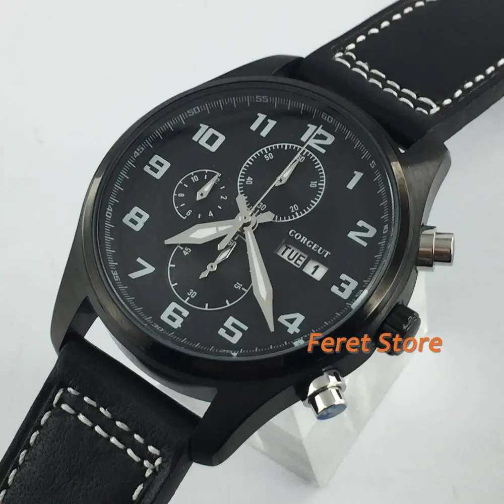 

Corgeut 41mm new Business chronograph watch black PVD case black dial date week leather strap men's top quartz watch