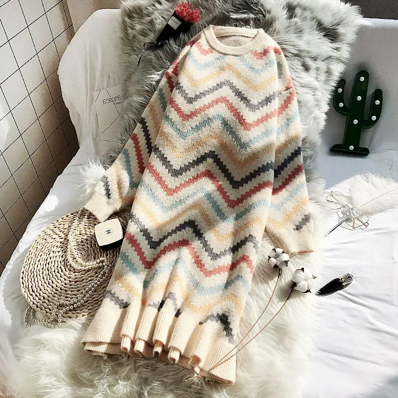 beige stripe Длинный свитер, платье выше колена, Свободный корейский стиль, новинка, осень и зима, Радужное Полосатое вязаное платье, женский толстый теплый топ f2342 - Цвет: beige stripe