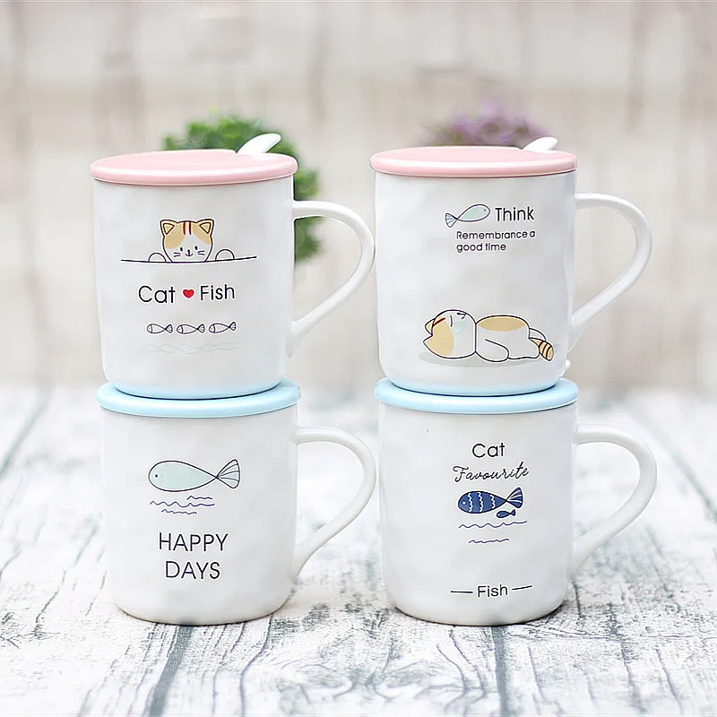 

Creative Cartoon Cat and fish Mug with spoon lid,ceramics mug,Office cup with lid spoon spoon breakfast cup Coffee Tea Mugs