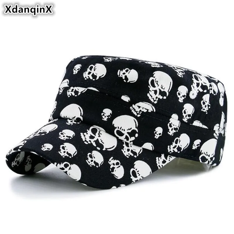 

XdanqinX Men's Flat Cap 100% Cotton Army Military Hat 2020 New Personality Skull Pattern Hip-hop Hats Adjustable Size Brand Caps