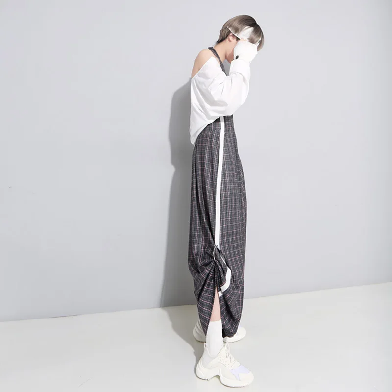 IVRESSE New Harajuku Embroidery Plaid Wide Leg Jumpsuits High Street Plus Backless Sleeveless Women Full Length Jumpsuits