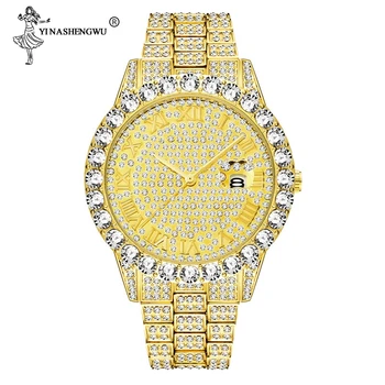 

Roman Numeral Gold Silver Analog Quartz Movement Iced Out Big Diamond Bezel Bling Bling Rolexable Men Jewelry Watches Luxury