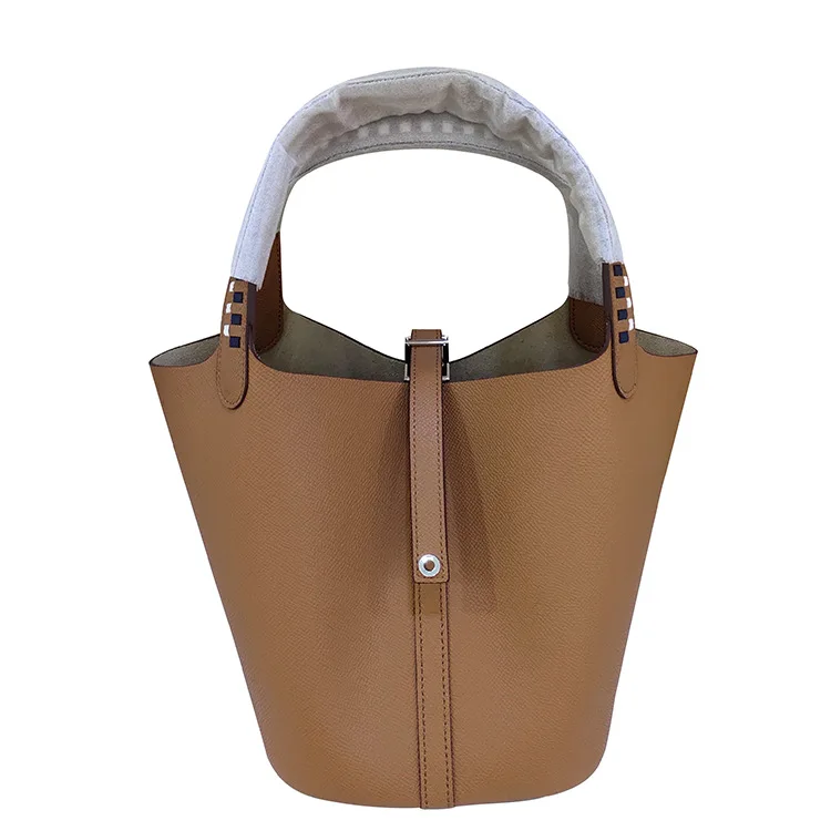 Leather Handbag Joker Color Matching Large Capacity Basket Package Cowhide Leather Bucket Litchi Grain Bucket Female Bag - Цвет: 04