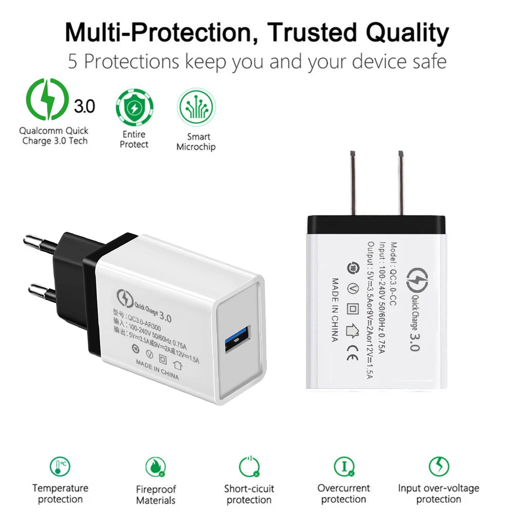 18 Вт EU/USA Быстрая зарядка QC 3 0 USB зарядные устройства для телефонов кабель быстрое