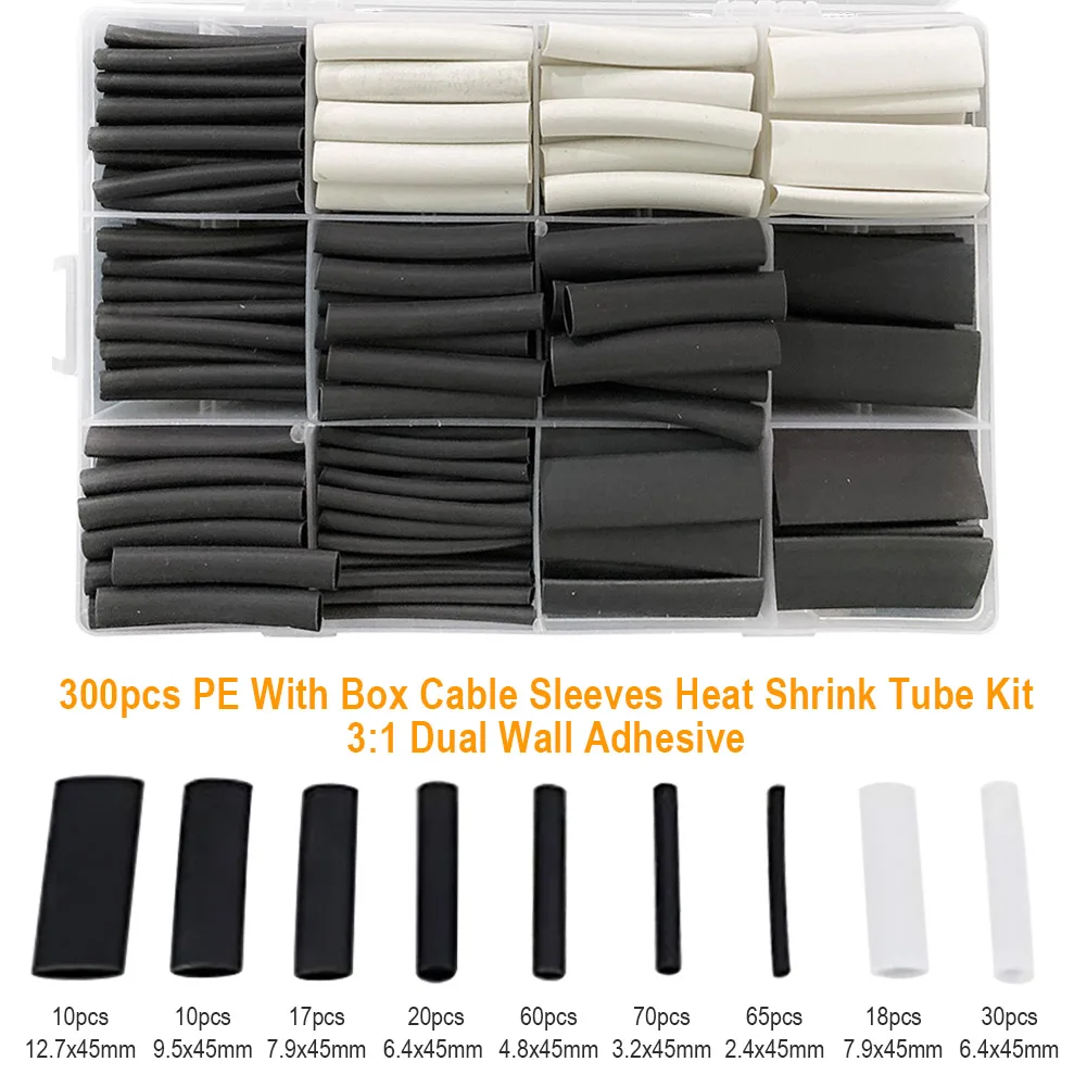 300 шт 3:1 водонепроницаемый термоусадочный набор труб электрические PE кабельные рукава изолированные Коррозионностойкие морские двойные стены клей