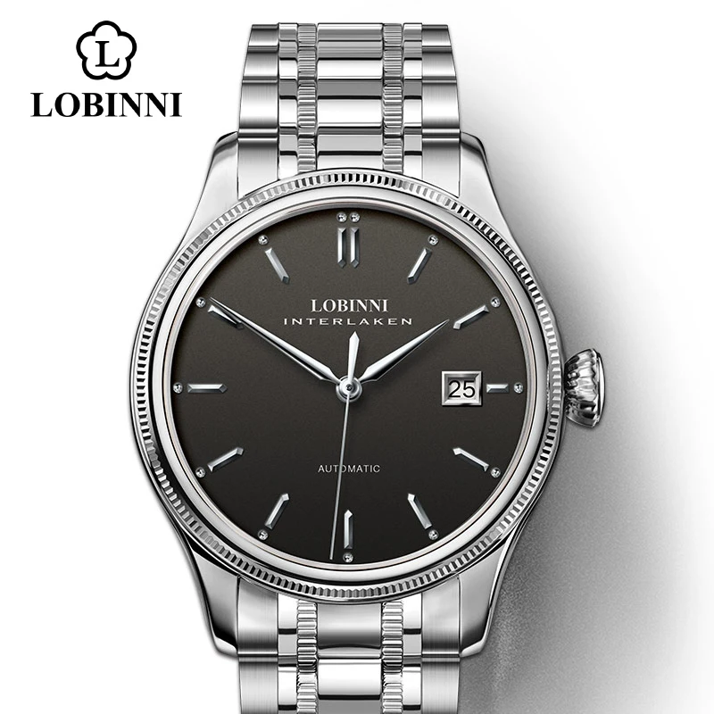 Silver-Black Швейцарские роскошные Брендовые Часы LOBINNI Japan MIYOTA, Мужские автоматические механические часы, сапфировые водонепроницаемые часы - Цвет: Silver-Black