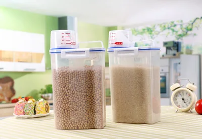 Rice Bucket Hand Rice Bucket with Measuring Cup 2KG Grains Storage Jar Silicone Ring Sealed Jar