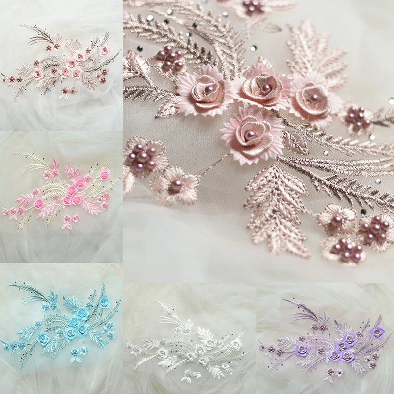 Embroidered Lace Flowers Trim Nail Beaded Rhinestones Applique DIY Sewing Wedding Dress 34x25cm 1Pc