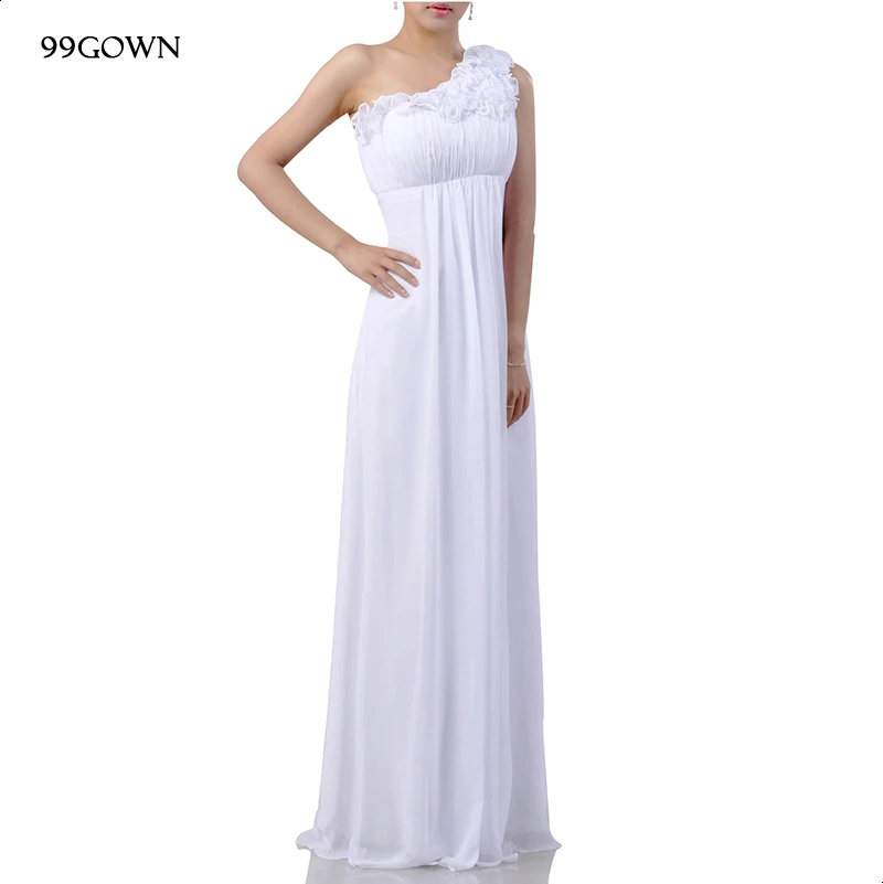 99GOWN Wedding Guest Dresses For Women Simple White Chiffon Prom Long Wedding Party Dress Pleated One Shoulder