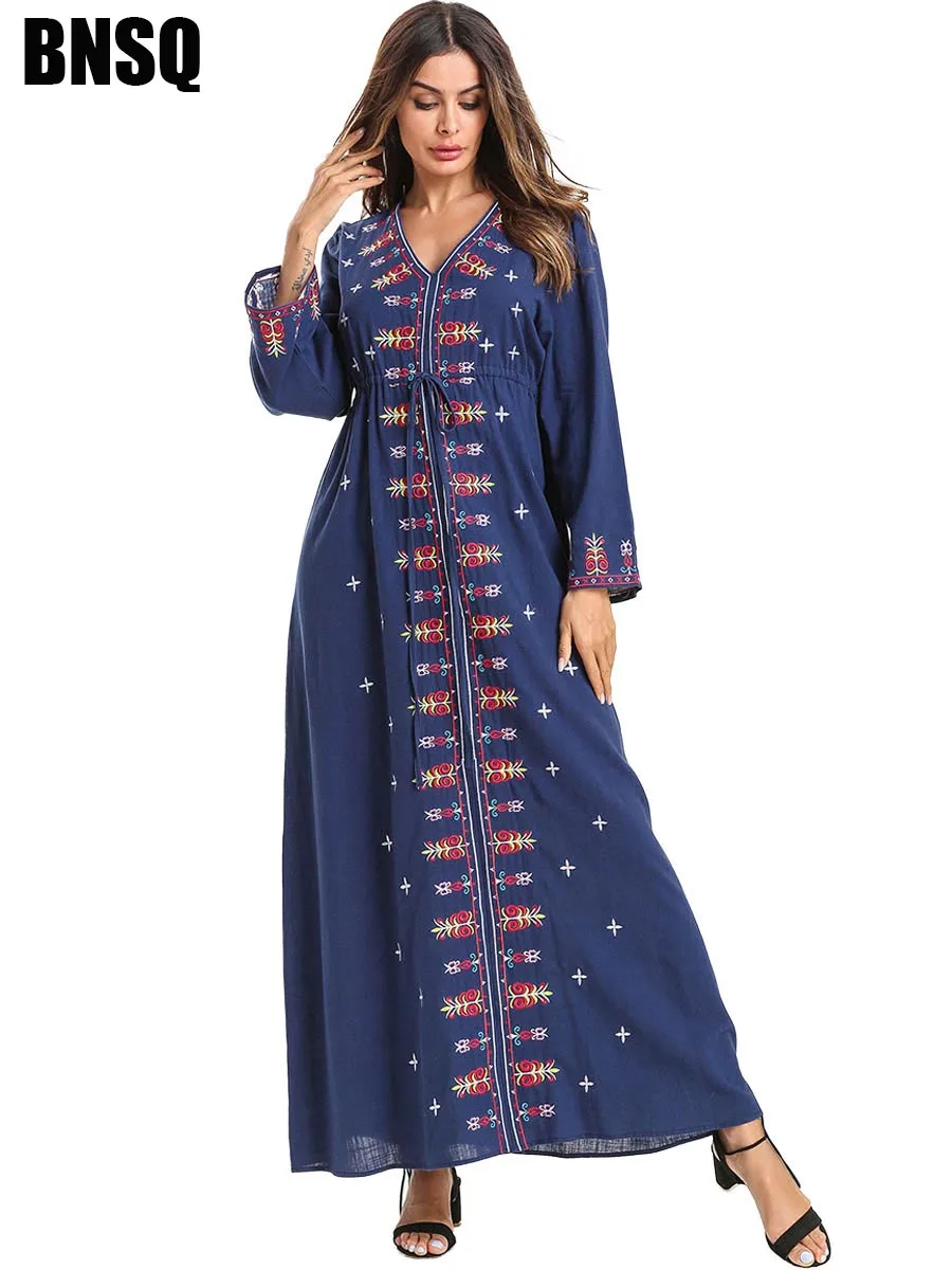 BNSQ Arabian длинное платье синий алмаз вышитые эластичный пояс Макси рукав вечерние Большие размеры офисная скромная одежда Твердые молитвы