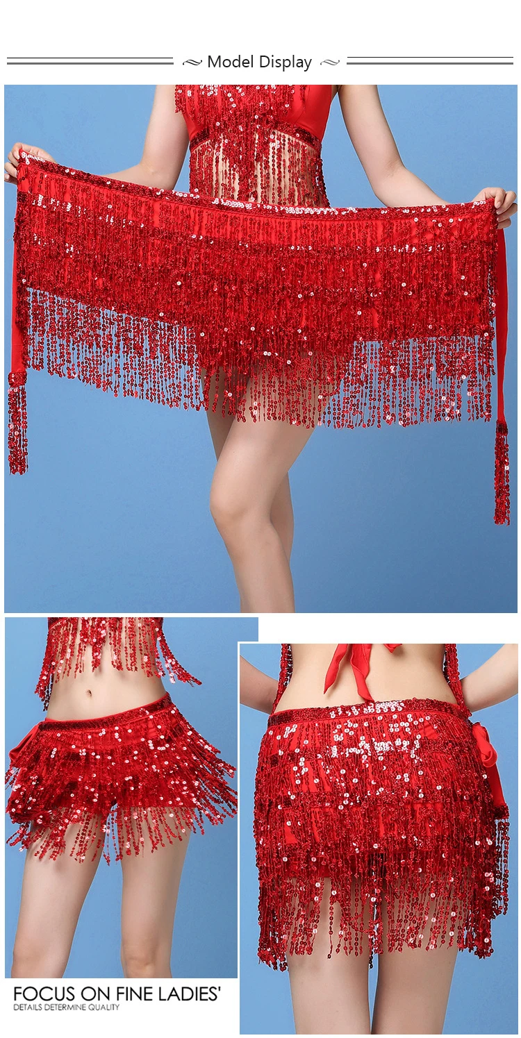 17 Colors Women Bellydance Clothing Accessories Tassel Belts 4 Rows Strips Rectangle Belly Dance Hip Scarf Sequins Fringes Belt