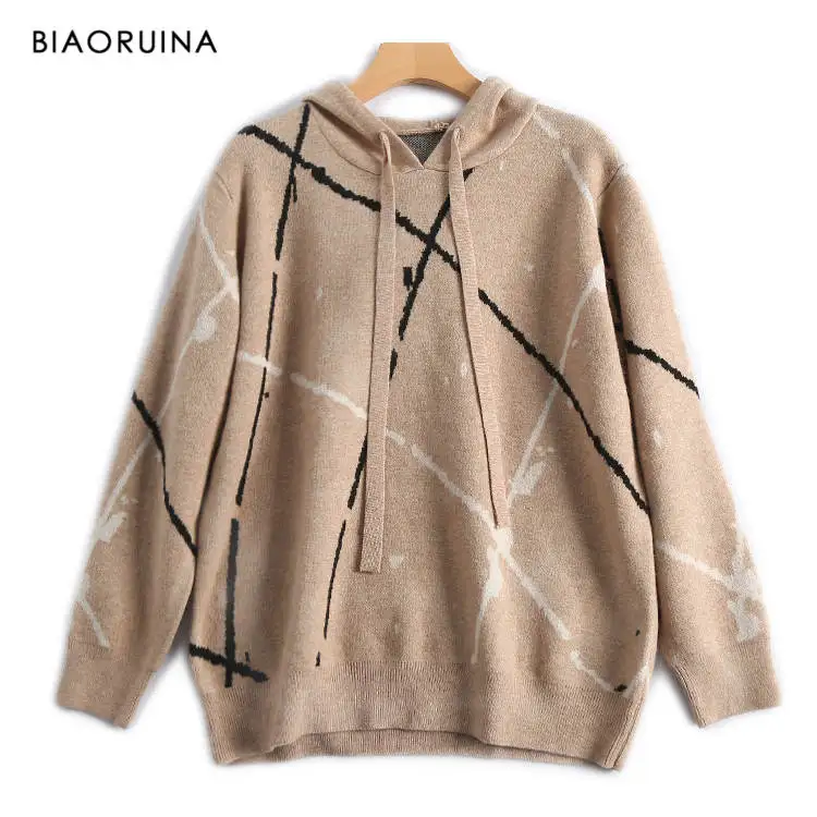 Хаки BIAORUINA Women's Casual All-match Mixed Stripes Knitted Hoodies Fashion Winter Fashion Straight Sweatshirt Active Wear One Size - Цвет: Хаки