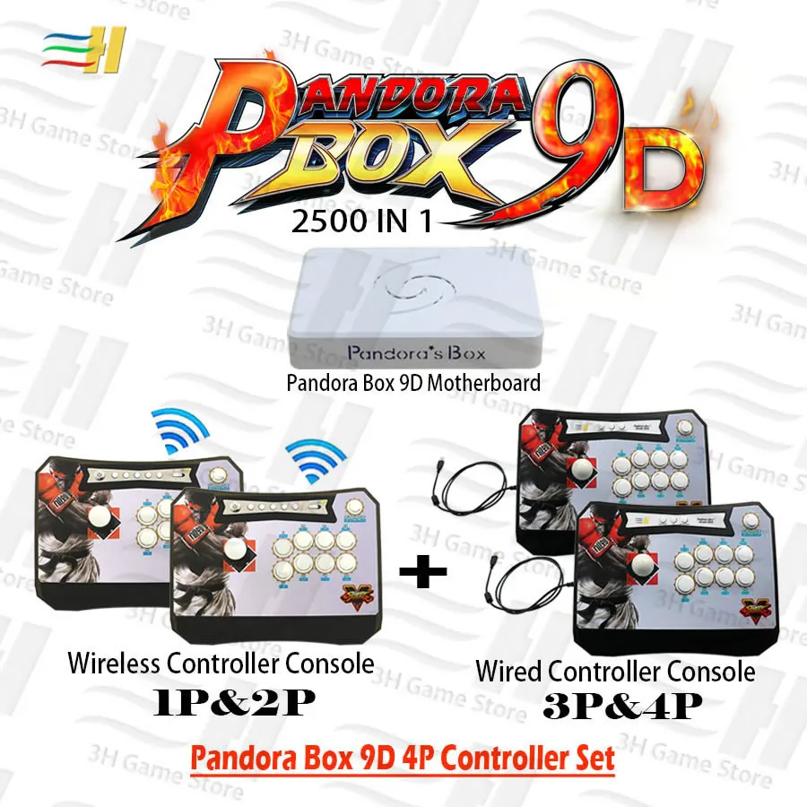 Pandora Box 9D 4 игрока контроллер Набор беспроводной 1P& 2P и проводной 3P& 4 P бой аркадная палка консоль 2500 В 1 есть 3d игры tekken