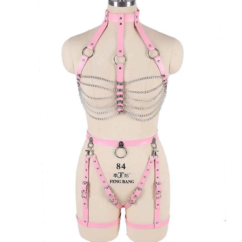 PG0213PG0258pink Полный корпус кожаный ремень безопасности бюстгальтер бандаж Готический Нижнее белье с заклепками набор свадебный фестиваль стимпанк ноги подвязки ремни чулок Adjus - Цвет: PG0213PG0258pink