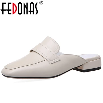 

FEDONAS Women Cow Leather Sandals Half Slippers Solid Color Low Heel 2020 Spring Summer New Concise Casual Slip-On Shoes Woman