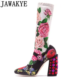 

Luxury Rhinestone Heels Floral Sock Boots for Women 2019 New Round Toe One Belt Buckle Mid Calf Botas Woman Party Wedding Shoes