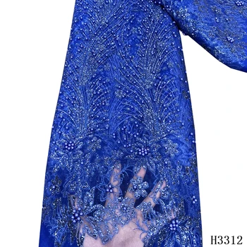 

Royal Blue Luxury Lace Nigerian Lace Fabric 2020 High Quality Lace Handmade Embroidered Bead Lace 5 yards Tulle LaceFor Dress