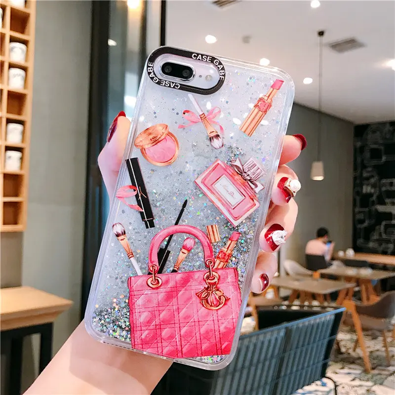 

Dynamic liquid quicksand Cosmetic Makeups small icon case For iphone 7 8 6 6s plus x xr xs max sachet Lipstick Perfume cover