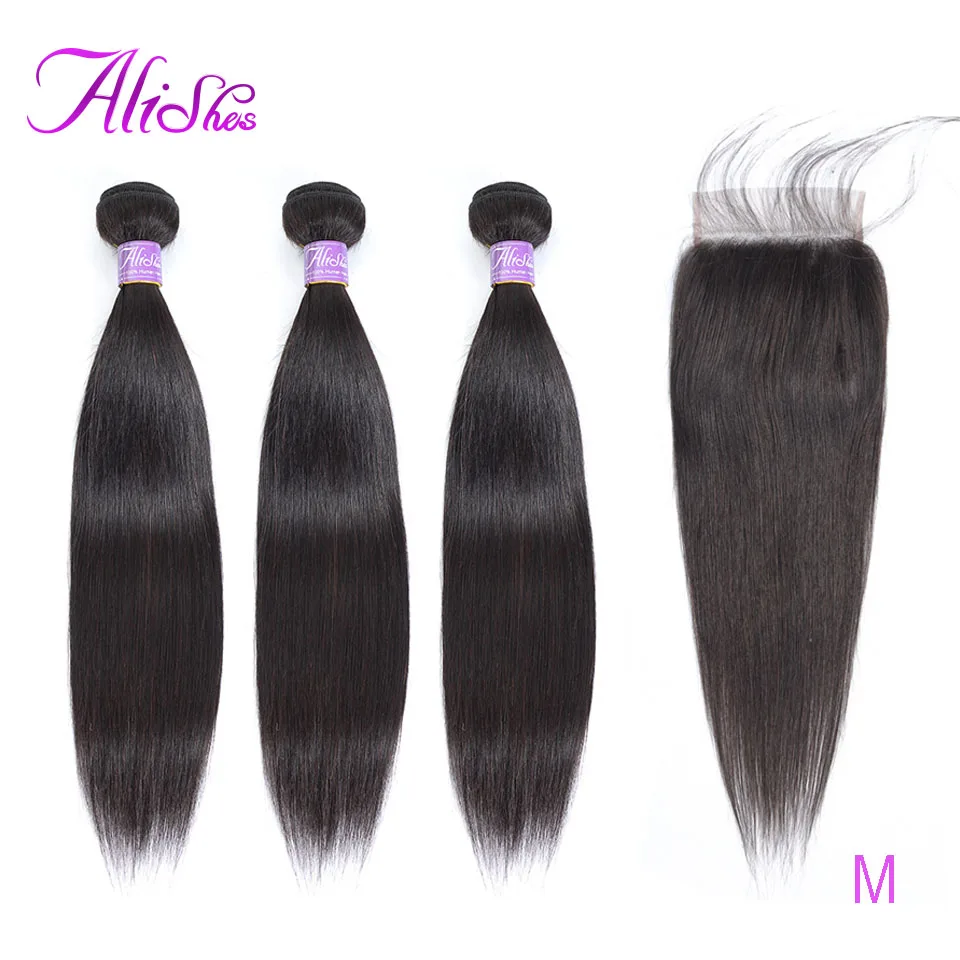 

Alishes Straight Hair Bundles With 5x5 Closure Brazilian Hair Weave 3 Bundles With Closure 100g Remy Human Hair Weaving 4PCS/LOT