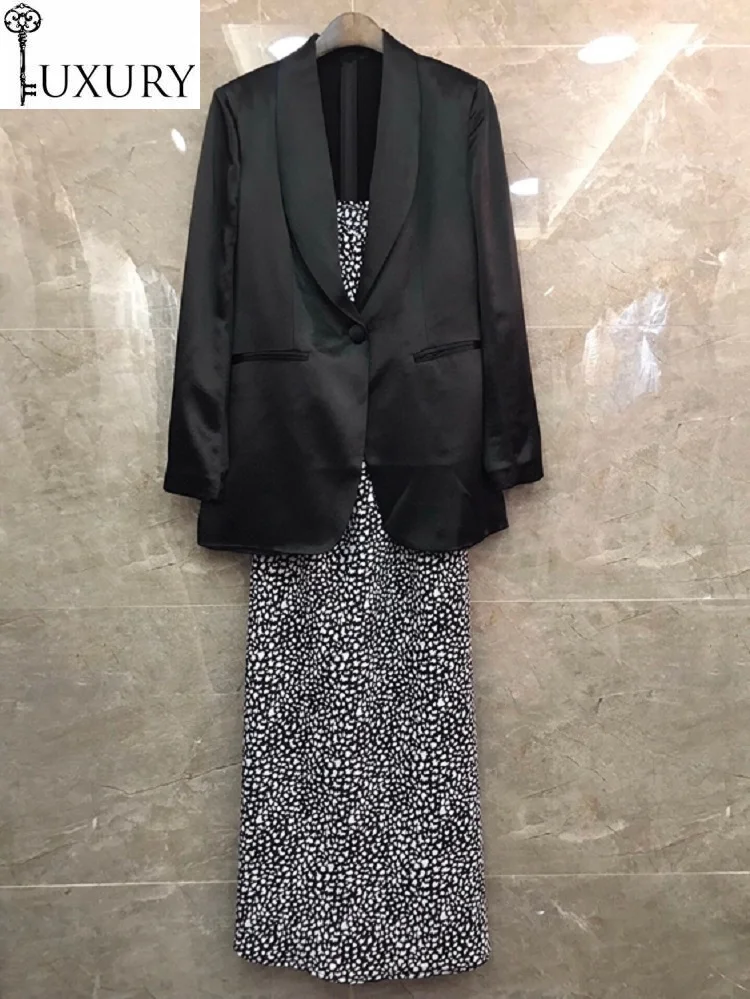 Autumn Female Business 2020 Women Single Button Black Blazer Coats+Sexy Wild Leopard Print Strap Dress Sets 2 Pcs |