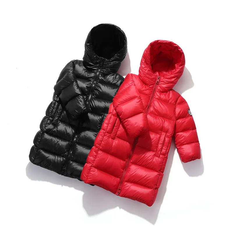 Коллекция года, новая зимняя теплая детская спортивная куртка-пуховик Длинная пуховая куртка с капюшоном на белом утином пуху для мальчиков и девочек одежда для детей