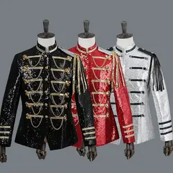Новый мужской стиль дворца платье для выступлений с металлической цепочкой, украшенный длинным рукавом, мужская куртка с вертикальным
