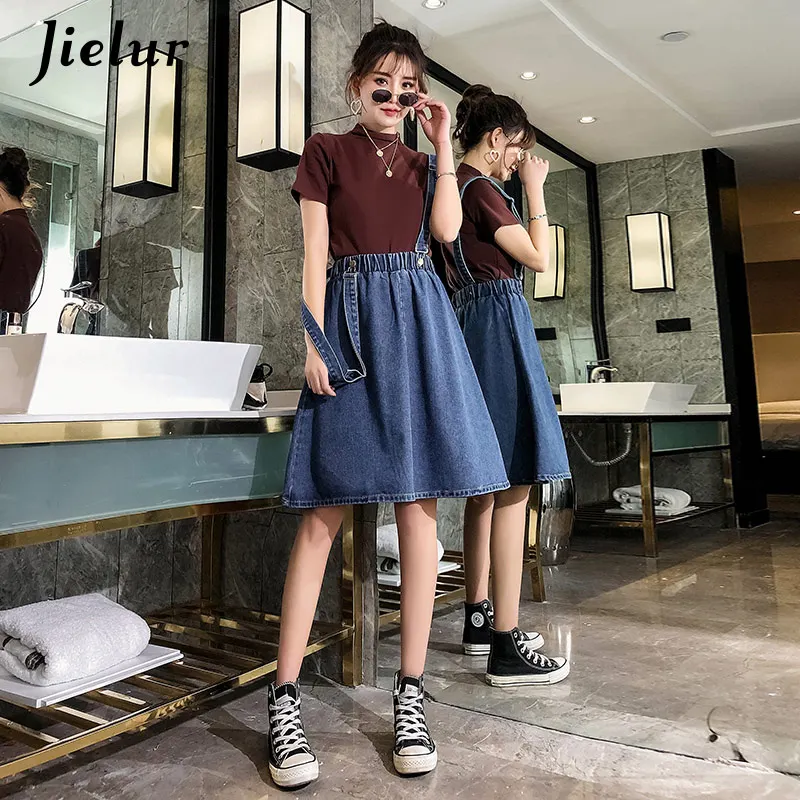 Dark blue Jielur модная шикарная юбка на бретелях с высокой талией темно-синяя Осенняя юбка в студенческом стиле Большие женские корейские юбки для отдыха джинсовые S-5XL - Цвет: Dark blue