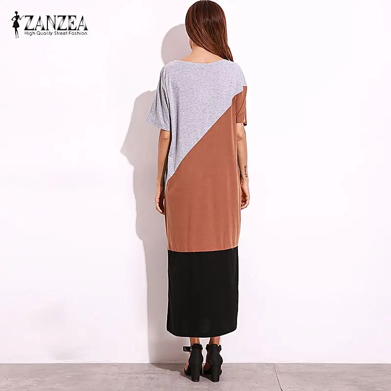 ZANZEA, женское Лоскутное Длинное Макси платье, повседневное, короткий рукав, Vestidos, элегантное, с круглым вырезом, Пляжное, для вечеринки, сарафан, кафтан, халат для женщин
