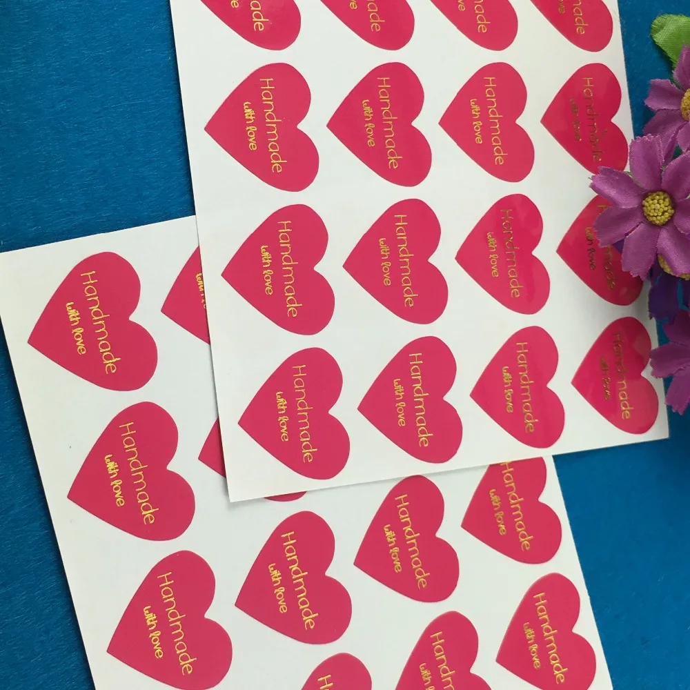 

2000PCS/Lot Hot Pink Color Thermoprinting Gold "Handmade with love" heart-shaped design Stickers Golden text Sticker Labels