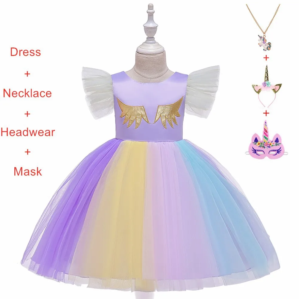 010purple-4pcs Новое платье для девочек, 4 предмета, Детские платья для девочек, вечерние платья с единорогом, карнавальный костюм на Рождество, детское платье принцессы для 4, 5, 6, 8, 9, 11 лет - Цвет: 010purple-4pcs
