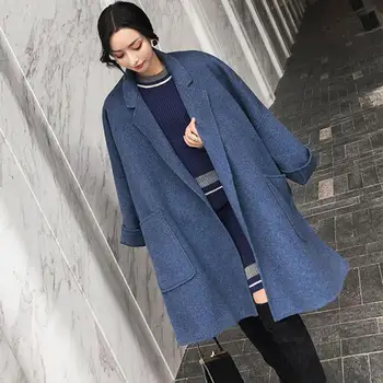 

Winter Long Sleeve Warm Woolen Blends Casual Female Elegant Pockets Woolen Coat Double Breasted Oversize Long Outerwear