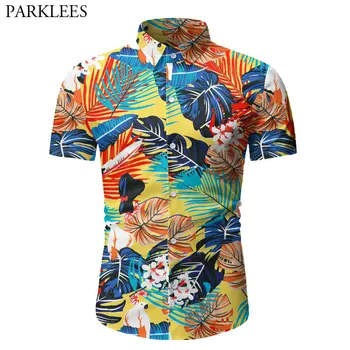 

Stylish Leaves Print Casual Shirt Men 2020 Summer Short Sleeve Button Down Shirts Mens Holiday Hawaiian Beach Chemise Homme 3XL