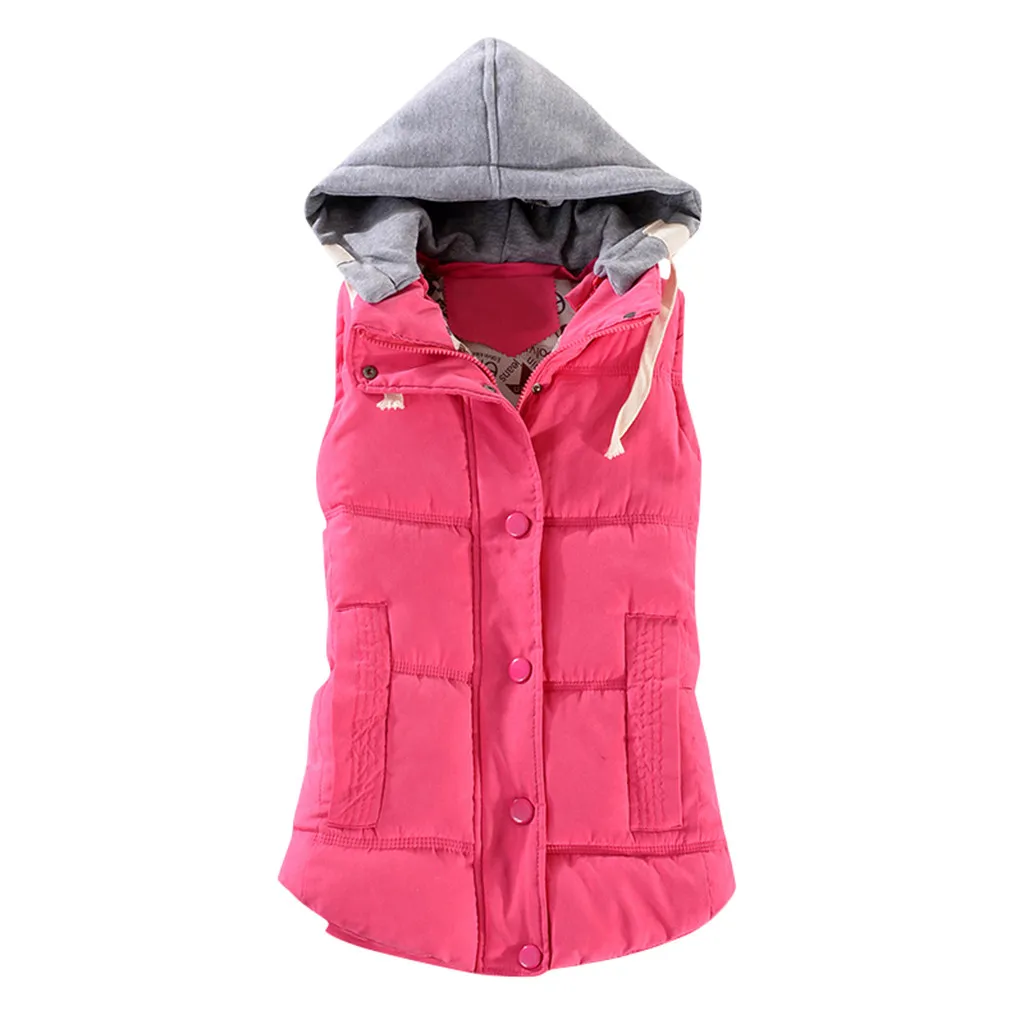 Hot Pink JAYCOSIN женский жилет пальто зима плюс размер модные теплые жилеты с капюшоном на молнии куртки Женский Повседневный однотонный жилет с прорезными карманами верхняя одежда - Цвет: Hot Pink