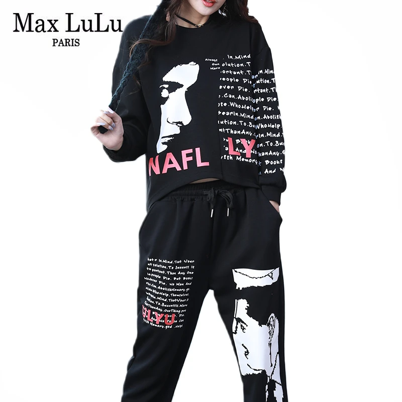 

Max LuLu European Spring Designer Outfits Women Vintage Loose Printed Two Pieces Sets Ladies Casual Tops And Elastic Harem Pants