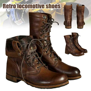

Men Punk Motorcycle Retro Ankle Boots Faux Leather Lace up Shoes for Autumn Winter H7JP