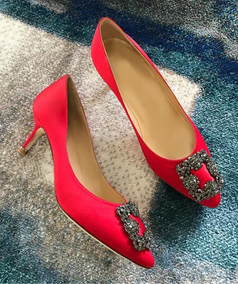 Красный KALMALL scarpe donna Crystal Tacco шелковые бриллианты на высоком каблуке с острым носком свадебные женские вечерние туфли Chaussure Femme - Цвет: Красный