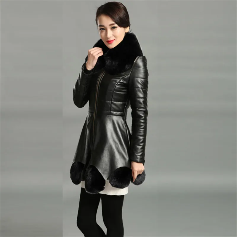 New Winter Warm Jackets Womens Plus size Jackets Imitation Fox fur collar PU leather Jacket Mink splice Windproof Overcoat F1079 - Цвет: Black black