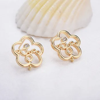 

4PCS 14MM 24K Gold Color Brass with Zircon Flower Stud Earrings High Quality Diy Jewelry Findings Accessories