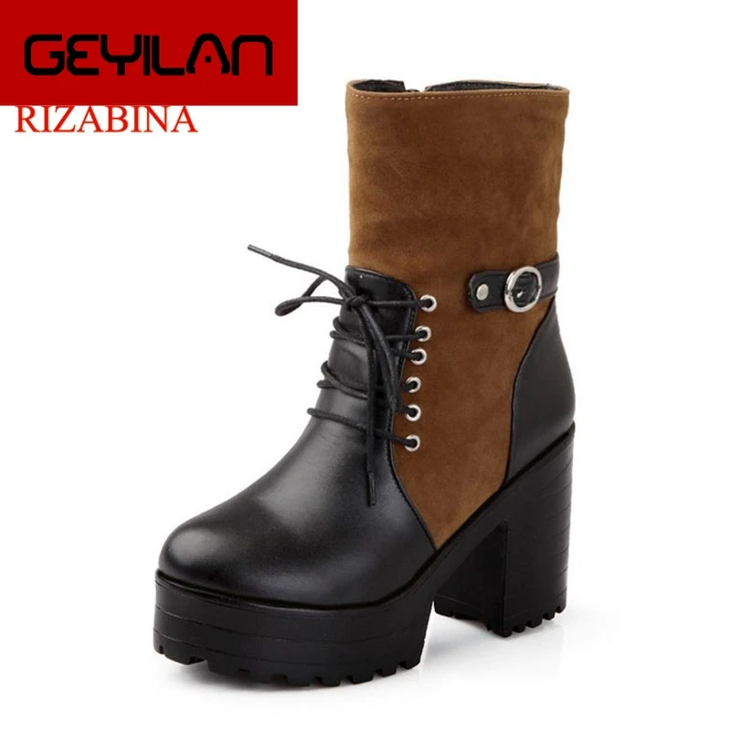 

Women Winter Fur Keep Warm High Heel Boots Platform Lace Up Zipper Mid Calf Boots Fashion Shoes Women Size 34-43